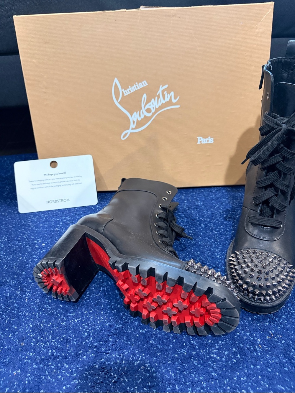 Christian Louboutin Black Leather Studded Lace-Up Lug Sole Block Heel Boots